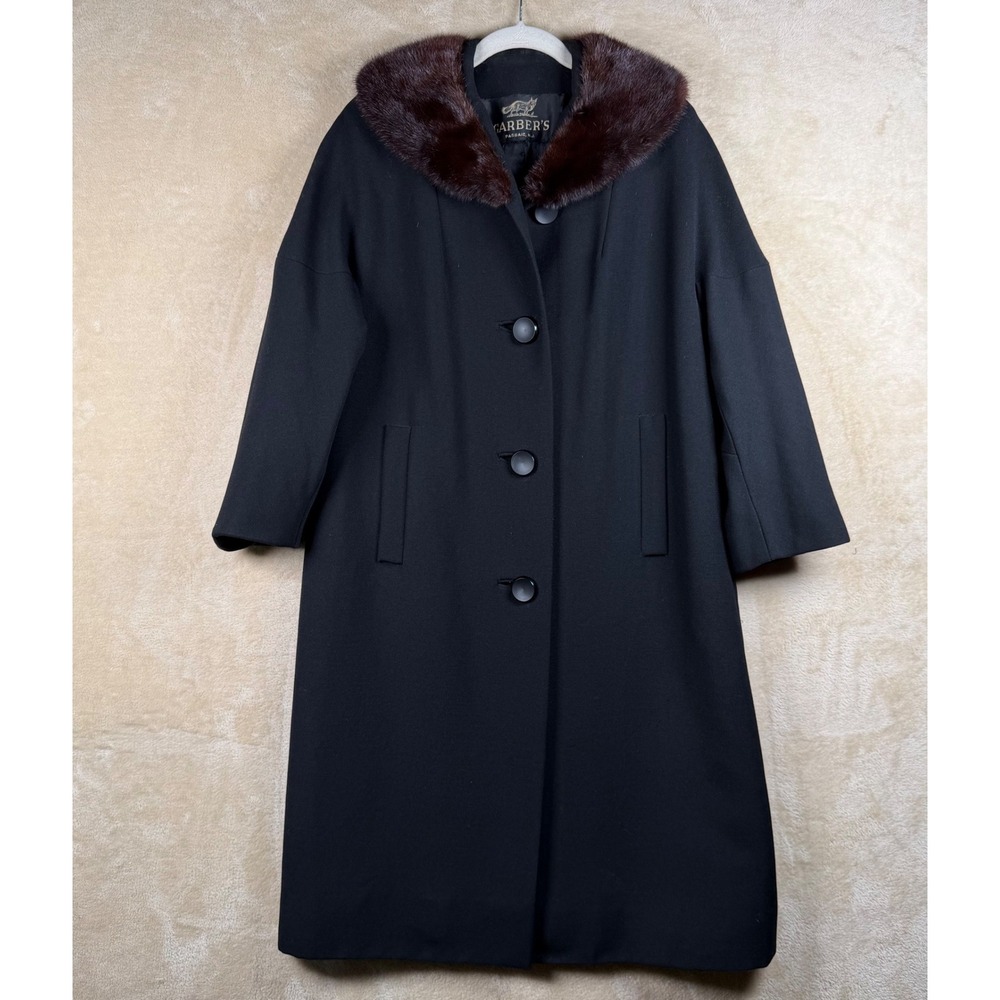 Vintage Garbers L Black Wool Mink Fur Collar Midi Coat 3/4 Slv Women 1950s‎ EUC
